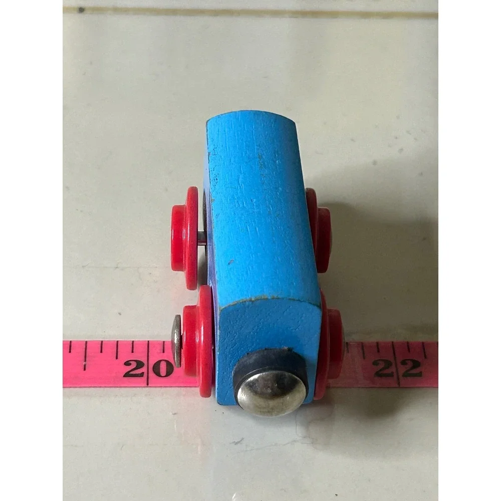 Blue Wooden Toy Train Car with Red Wheels Magnetic Connectors for Track Sets
